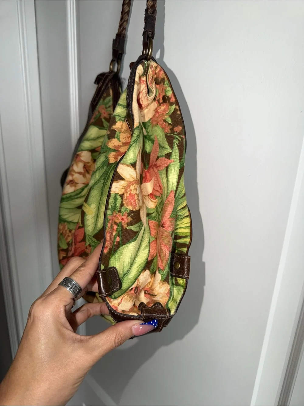 Vintage Fossil Floral Canvas Leather Hobo Bag Braided Strap Boho Y2K Purse